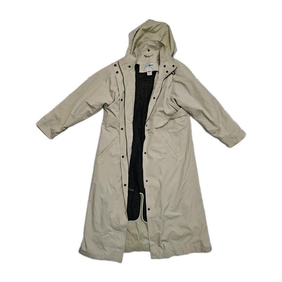 VINTAGE Womens L.L. Bean Duster Trench Coat Wool Liner Hood Beige Small Petite - Picture 1 of 8